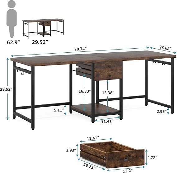 Tribesigns Two Person Desk, 79 Inch Double Desk with 2 Drawers, Large Computer Desk Long Desks with Storage Shelves, Writing Table Study Desk for Home Office, Rustic Brown (NY001)
